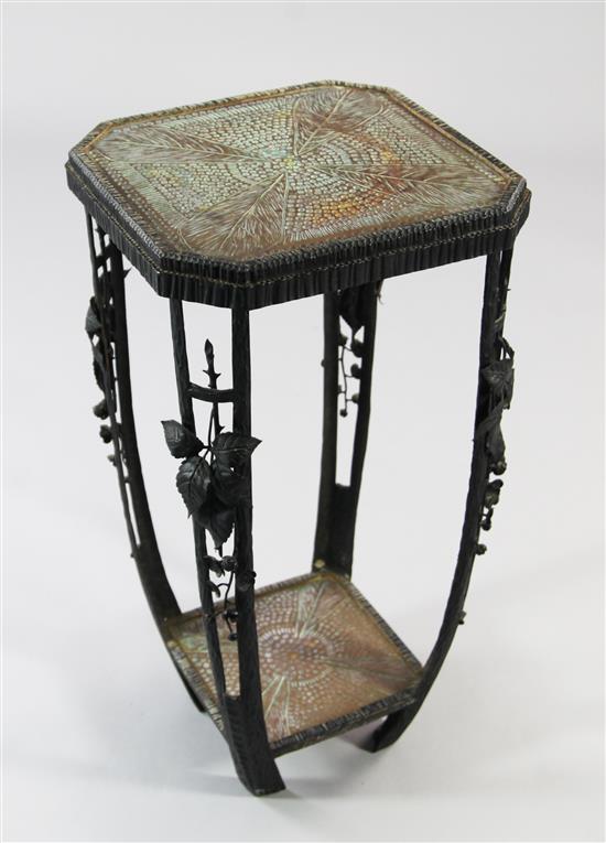 A French Art Deco wrought iron and copper two tier occasional table, W.1ft 2.75in.